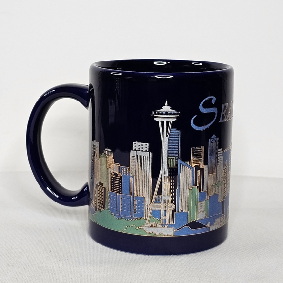 Seattle Coffee Mug Cup Space Needle City Skyline Mt. Rainier Blue & Gold Trim - Picture 2 of 7